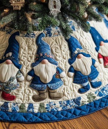 Cream Quilted Christmas Tree Skirt With Blue Gnome Prints — Handmade Cozy Holiday Base, Custom Dimensions Available