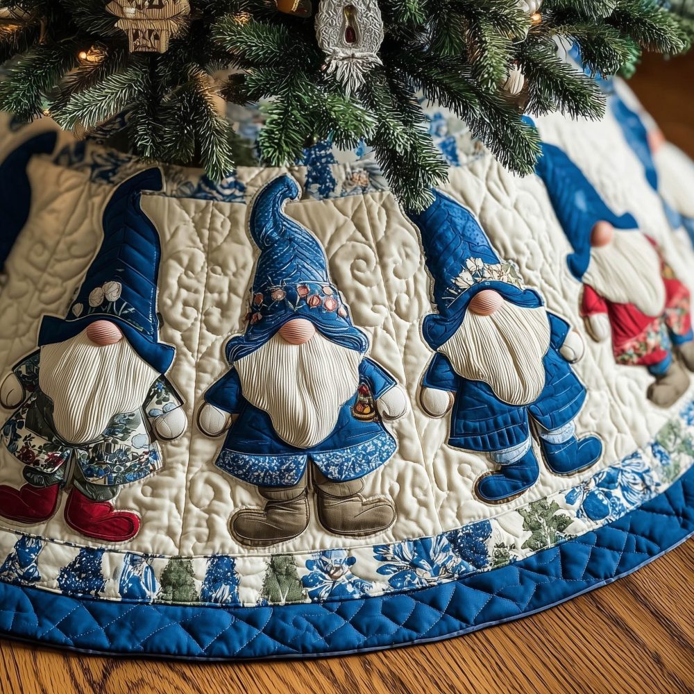 Cream Quilted Christmas Tree Skirt With Blue Gnome Prints — Handmade Cozy Holiday Base, Custom Dimensions Available