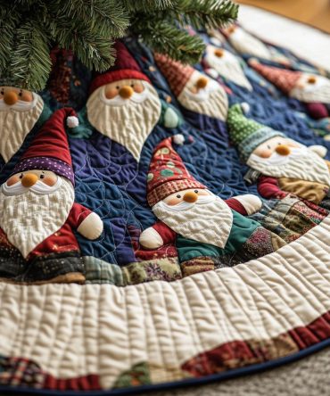 Navy Christmas Tree Skirt With Gnomes & Cream Border — Handcrafted Quilted Holiday Accent, Custom Sizing
