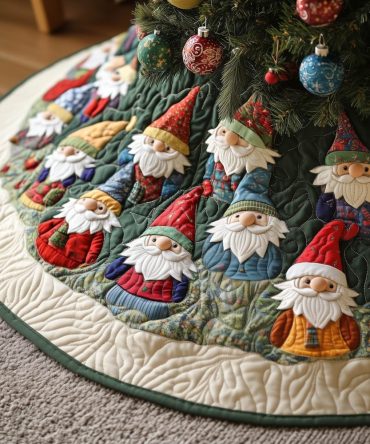 Festive Red-Hatted Gnomes Christmas Tree Skirt On Green — Quilted Handmade Holiday Decor, Choose Your Size