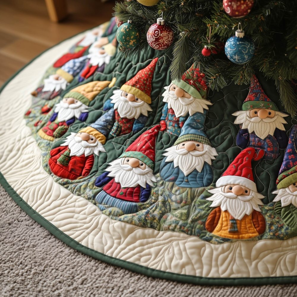 Festive Red-Hatted Gnomes Christmas Tree Skirt On Green — Quilted Handmade Holiday Decor, Choose Your Size