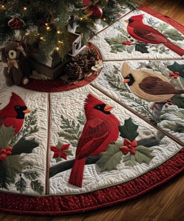 Cardinal Panel Wheel Quilted Tree Skirt — Made-To-Order Christmas Skirt With Radiant Cardinal Medallion Panels, Festive Holiday Décor