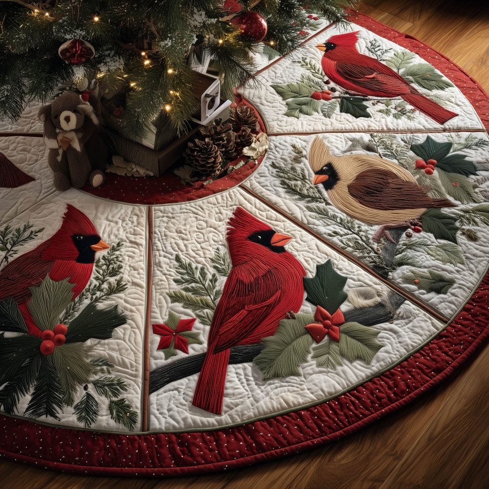 Cardinal Panel Wheel Quilted Tree Skirt — Made-To-Order Christmas Skirt With Radiant Cardinal Medallion Panels, Festive Holiday Décor