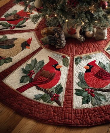 Red Panel Cardinal Pair Tree Skirt — Made-To-Order Quilted Christmas Skirt With Paired Cardinals On Festive Red Panels, Bold Holiday Accent