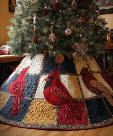 Cardinal Quilt Block Sampler Tree Skirt — Made-To-Order Christmas Quilted Skirt With Classic Cardinal Blocks, Vintage Holiday Home Decor