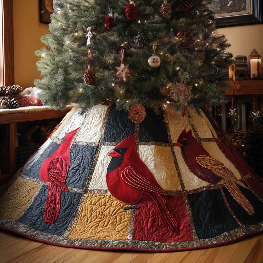 Cardinal Quilt Block Sampler Tree Skirt — Made-To-Order Christmas Quilted Skirt With Classic Cardinal Blocks, Vintage Holiday Home Decor