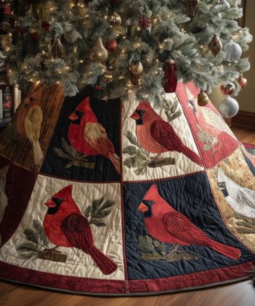 Navy Patchwork Cardinal Christmas Tree Skirt — Handcrafted Holiday Base With Stylized Cardinals, Custom Measurements