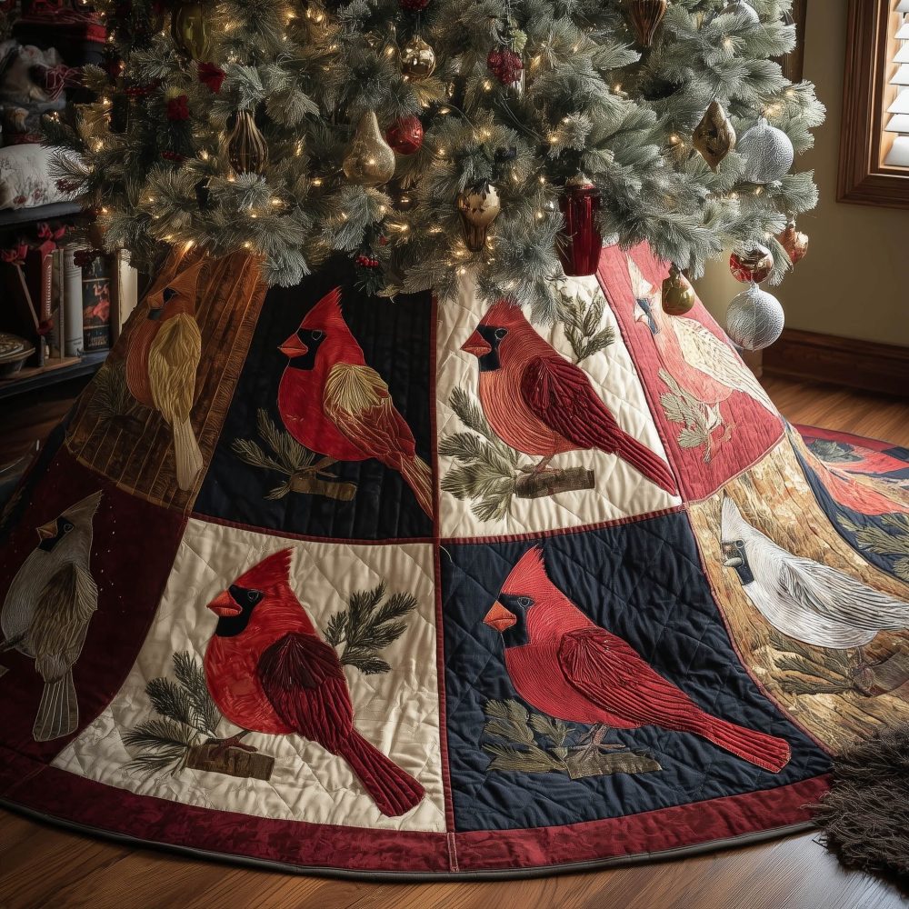 Navy Patchwork Cardinal Christmas Tree Skirt — Handcrafted Holiday Base With Stylized Cardinals, Custom Measurements