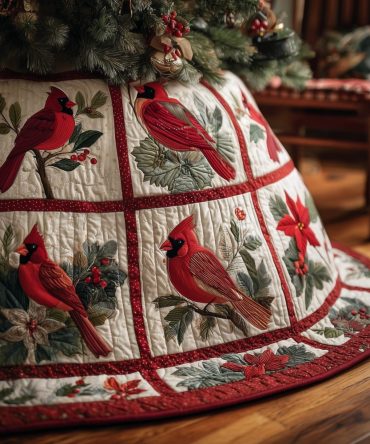 Cardinal Bird Quilt Christmas Tree Skirt — White Block Patchwork, Handmade Holiday Skirt Featuring Red Cardinals, Custom Orders