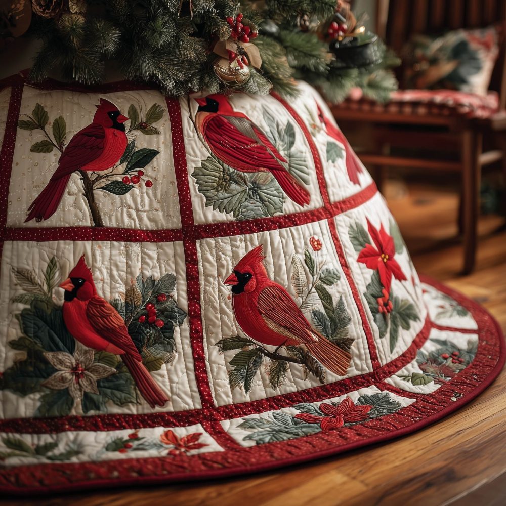 Cardinal Bird Quilt Christmas Tree Skirt — White Block Patchwork, Handmade Holiday Skirt Featuring Red Cardinals, Custom Orders
