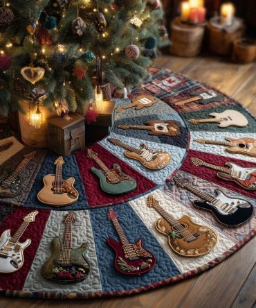Bold Funky Guitar Christmas Tree Skirt — Retro Rock Holiday Decor, Vibrant Printed Electric Guitar Motif, Custom Quilted Skirt