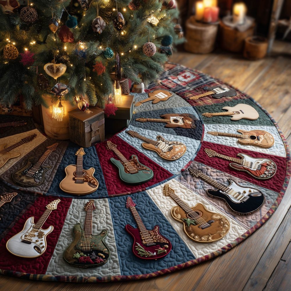 Bold Funky Guitar Christmas Tree Skirt — Retro Rock Holiday Decor, Vibrant Printed Electric Guitar Motif, Custom Quilted Skirt