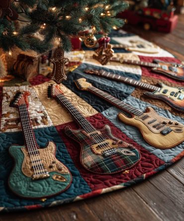 Custom Quilted Guitar Patchwork Christmas Tree Skirt In Red & Teal — Handmade Holiday Accent, Custom Sizes