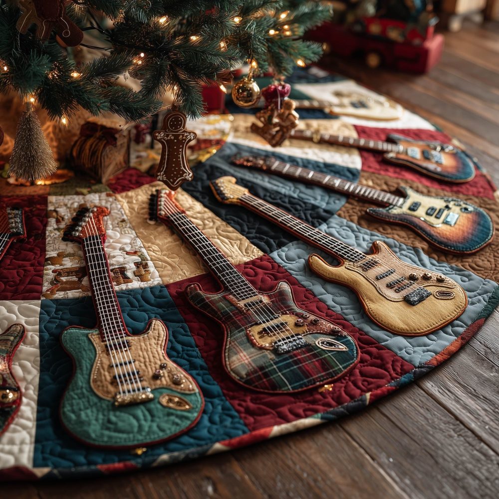 Custom Quilted Guitar Patchwork Christmas Tree Skirt In Red & Teal — Handmade Holiday Accent, Custom Sizes