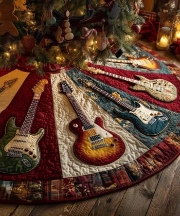 Cream & Red Patchwork Guitar Christmas Tree Skirt — Handmade Quilted Holiday Skirt With Retro Music Motifs, Custom Fit