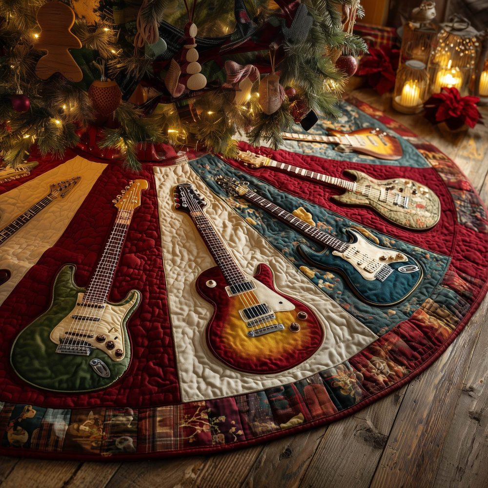 Cream & Red Patchwork Guitar Christmas Tree Skirt — Handmade Quilted Holiday Skirt With Retro Music Motifs, Custom Fit