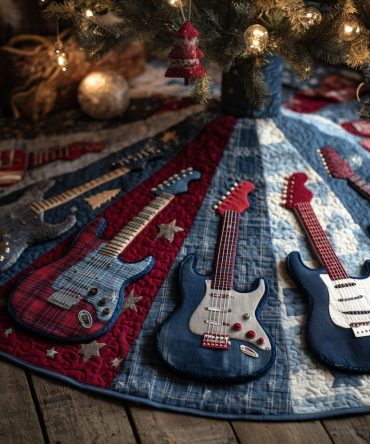 Red Plaid & Denim Guitar Christmas Tree Skirt — Handmade Quilted Holiday Skirt With Musical Theme, Customizable Sizes