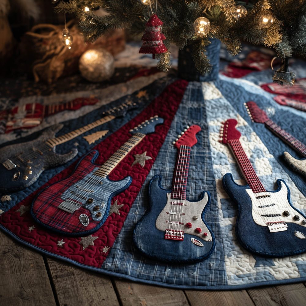 Red Plaid & Denim Guitar Christmas Tree Skirt — Handmade Quilted Holiday Skirt With Musical Theme, Customizable Sizes