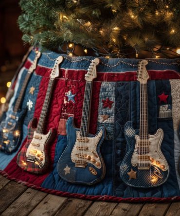 Denim Guitar Christmas Tree Skirt With Star Accents — Handmade Quilted Music Lover'S Holiday Skirt, Custom Sizes Available