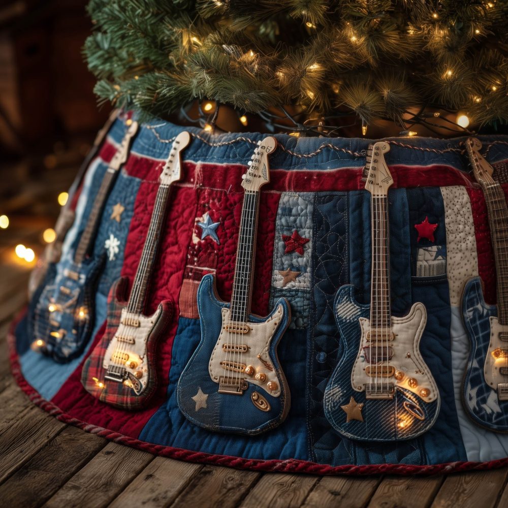 Denim Guitar Christmas Tree Skirt With Star Accents — Handmade Quilted Music Lover'S Holiday Skirt, Custom Sizes Available