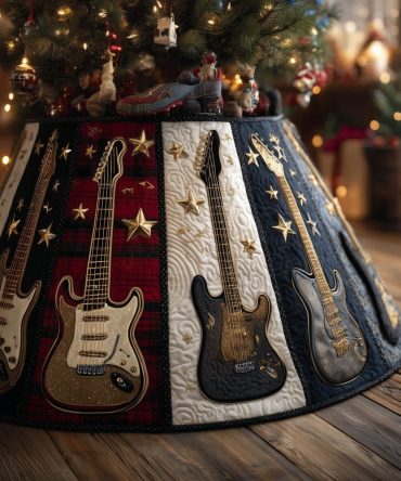 Elegant Melodic Guitar Christmas Tree Skirt — Personalized Musician Holiday Decor, Quilted Acoustic Guitar Design, Handmade
