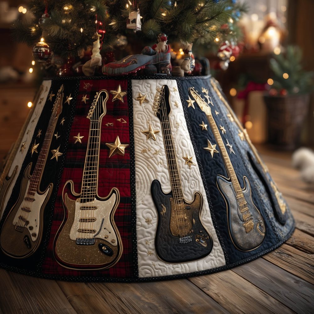 Elegant Melodic Guitar Christmas Tree Skirt — Personalized Musician Holiday Decor, Quilted Acoustic Guitar Design, Handmade