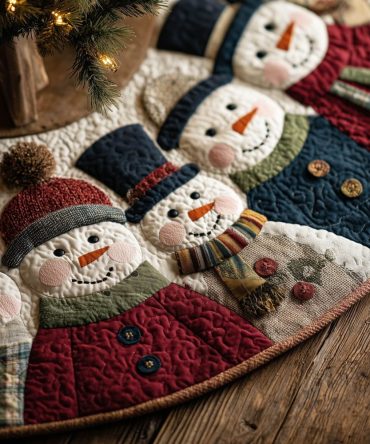 Red & Blue Hat Snowmen Christmas Tree Skirt — Handmade Quilted Holiday Skirt With Colorful Snowman Panels, Customizable
