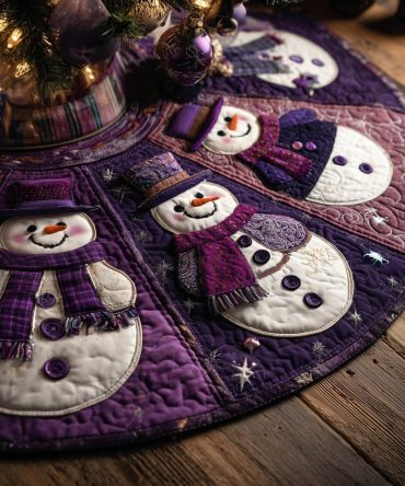Purple Quilt Snowmen Christmas Tree Skirt — Handmade Quilted Holiday Skirt With Charming Snowman Patchwork, Made-To-Order