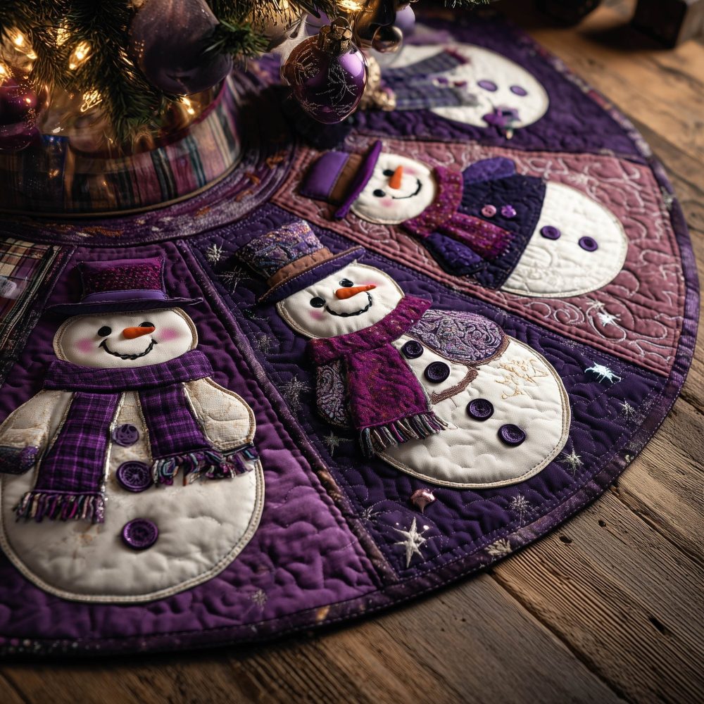 Purple Quilt Snowmen Christmas Tree Skirt — Handmade Quilted Holiday Skirt With Charming Snowman Patchwork, Made-To-Order