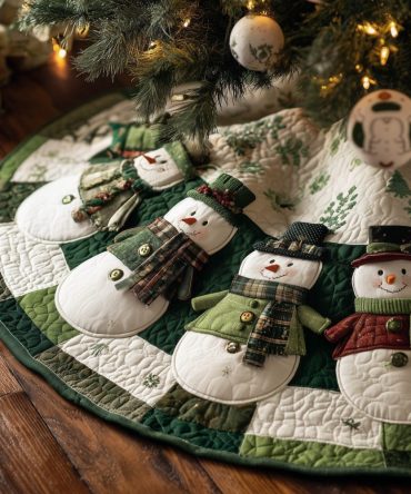 Green-Scarf Snowmen Christmas Tree Skirt — Quilted Handmade Holiday Skirt With Playful Snowman Motifs, Custom Sizes Available