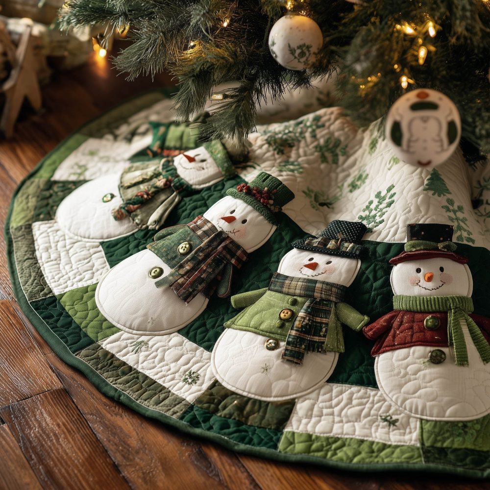 Green-Scarf Snowmen Christmas Tree Skirt — Quilted Handmade Holiday Skirt With Playful Snowman Motifs, Custom Sizes Available