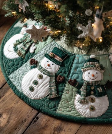 Sage Green Snowmen Quilted Christmas Tree Skirt — Handmade Holiday Skirt With Rustic Panels, Custom-Made To Your Size
