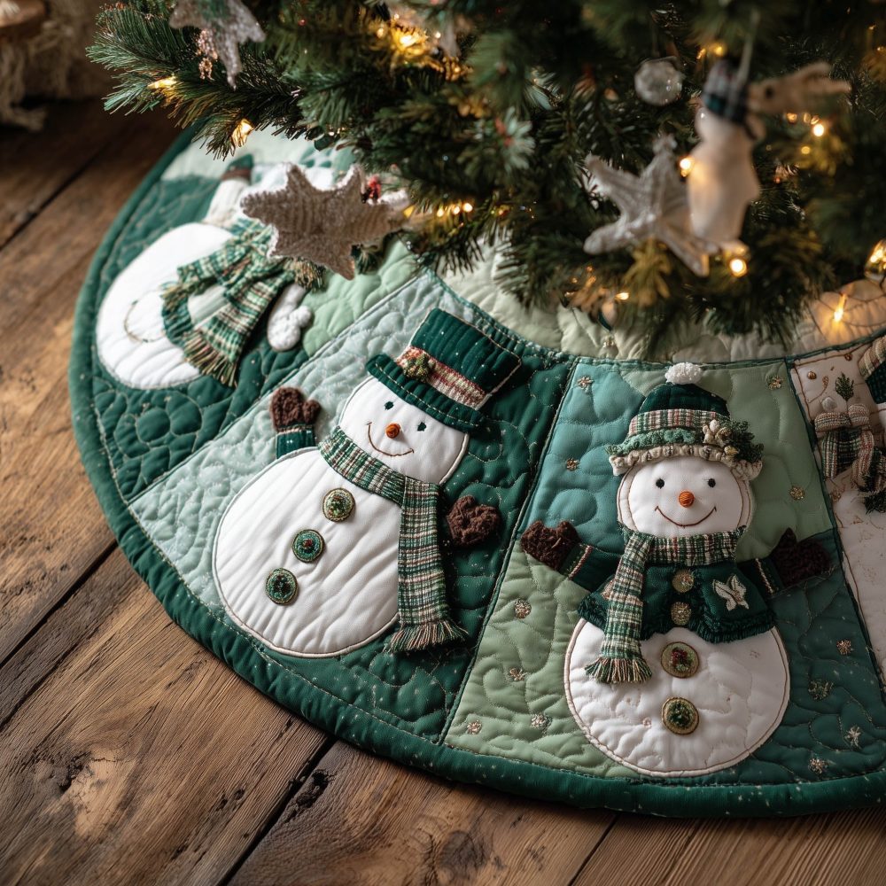 Sage Green Snowmen Quilted Christmas Tree Skirt — Handmade Holiday Skirt With Rustic Panels, Custom-Made To Your Size