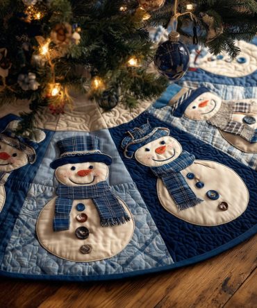 Blue Plaid Snowmen Christmas Tree Skirt — Handmade Quilted Holiday Skirt With Cheerful Snowman Panels, Custom Orders