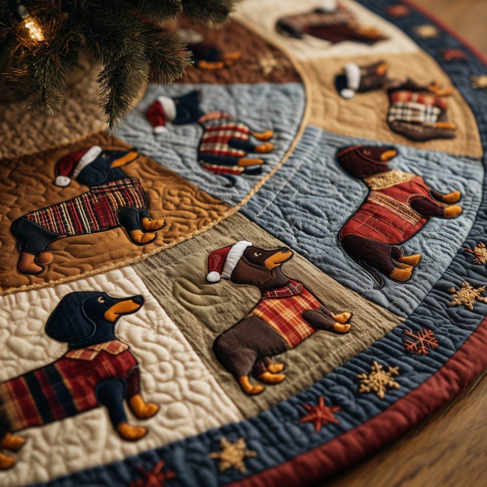 Cream Plaid Sweater Dachshund Christmas Tree Skirt — Classic Quilted Holiday Tree Skirt, Custom Pet-Themed Décor & Personalized Option