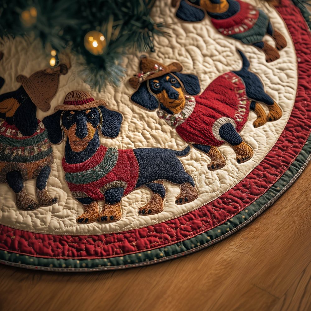 Red Sweater Dachshund Christmas Tree Skirt With Red Border — Festive Quilted Tree Skirt, Custom Dog-Themed Holiday Décor & Gift Option