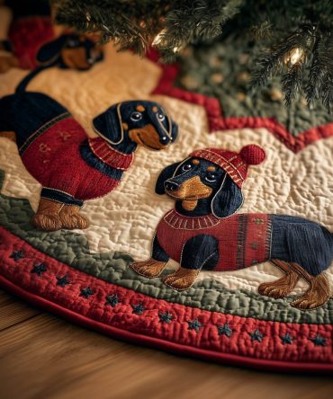 Dachshund Knit Hats & Sweaters Christmas Tree Skirt — Cozy Quilted Dog-Themed Tree Skirt, Handmade Custom Holiday Décor For Pet Fans