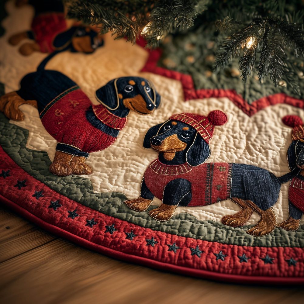 Dachshund Knit Hats & Sweaters Christmas Tree Skirt — Cozy Quilted Dog-Themed Tree Skirt, Handmade Custom Holiday Décor For Pet Fans