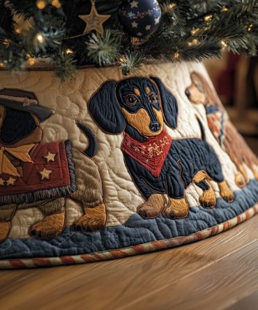 Denim Dachshund Christmas Tree Skirt With Red Bandana — Handmade Quilted Holiday Skirt, Personalized Custom Fit