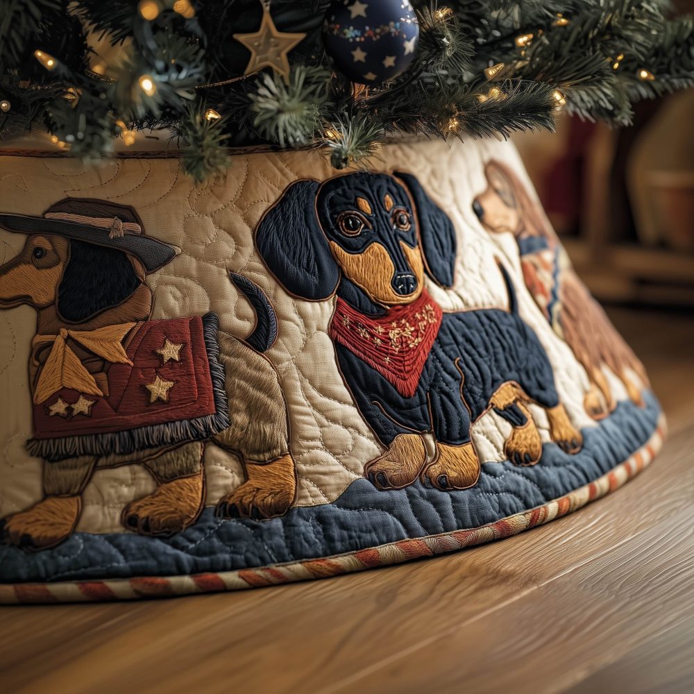 Denim Dachshund Christmas Tree Skirt With Red Bandana — Handmade Quilted Holiday Skirt, Personalized Custom Fit