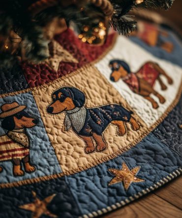 Folk-Art Dachshund Denim Star Quilt Christmas Tree Skirt — Rustic Handmade Holiday Skirt, Custom Quilted Design