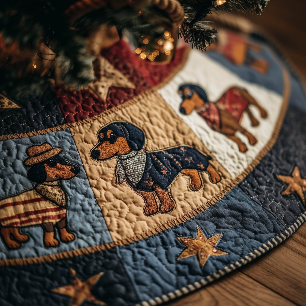 Folk-Art Dachshund Denim Star Quilt Christmas Tree Skirt — Rustic Handmade Holiday Skirt, Custom Quilted Design