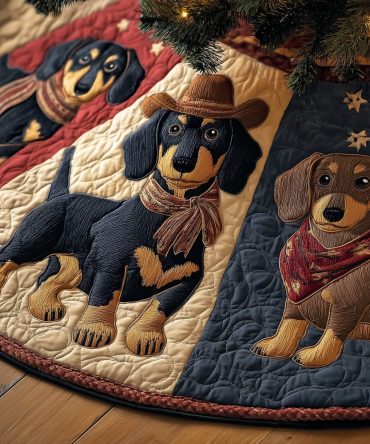 Navy Patchwork Dachshund Christmas Tree Skirt With Cozy Scarves — Handmade Quilted Holiday Skirt, Custom Sizing