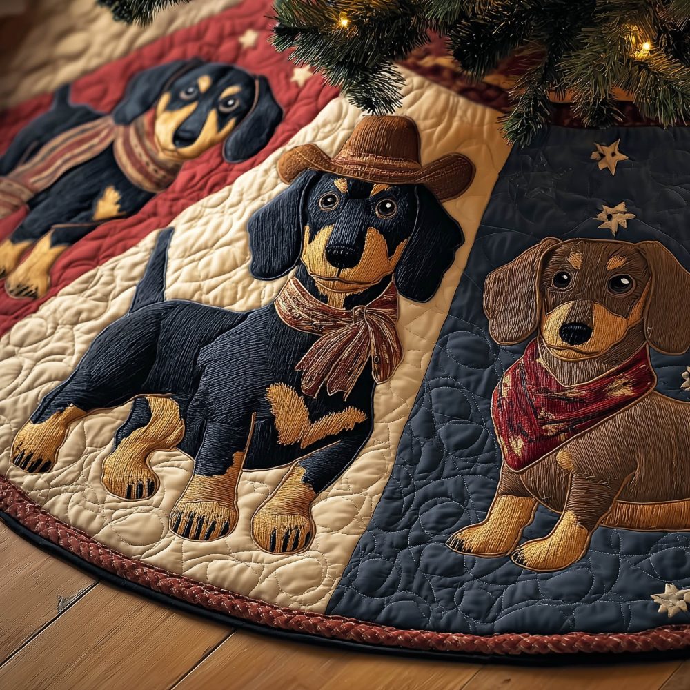 Navy Patchwork Dachshund Christmas Tree Skirt With Cozy Scarves — Handmade Quilted Holiday Skirt, Custom Sizing