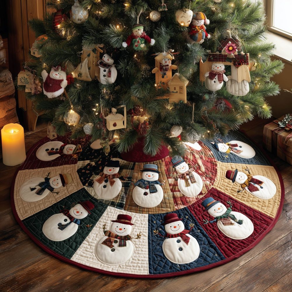Snowman Wedge Sampler Quilted Christmas Tree Skirt — Custom Made Patchwork Holiday Tree Base, Handcrafted Seasonal Accent