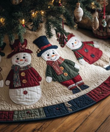 Cream Band Snowman Dolls Quilted Christmas Tree Skirt — Custom Made Holiday Tree Base With Soft Neutrals And Charming Figures