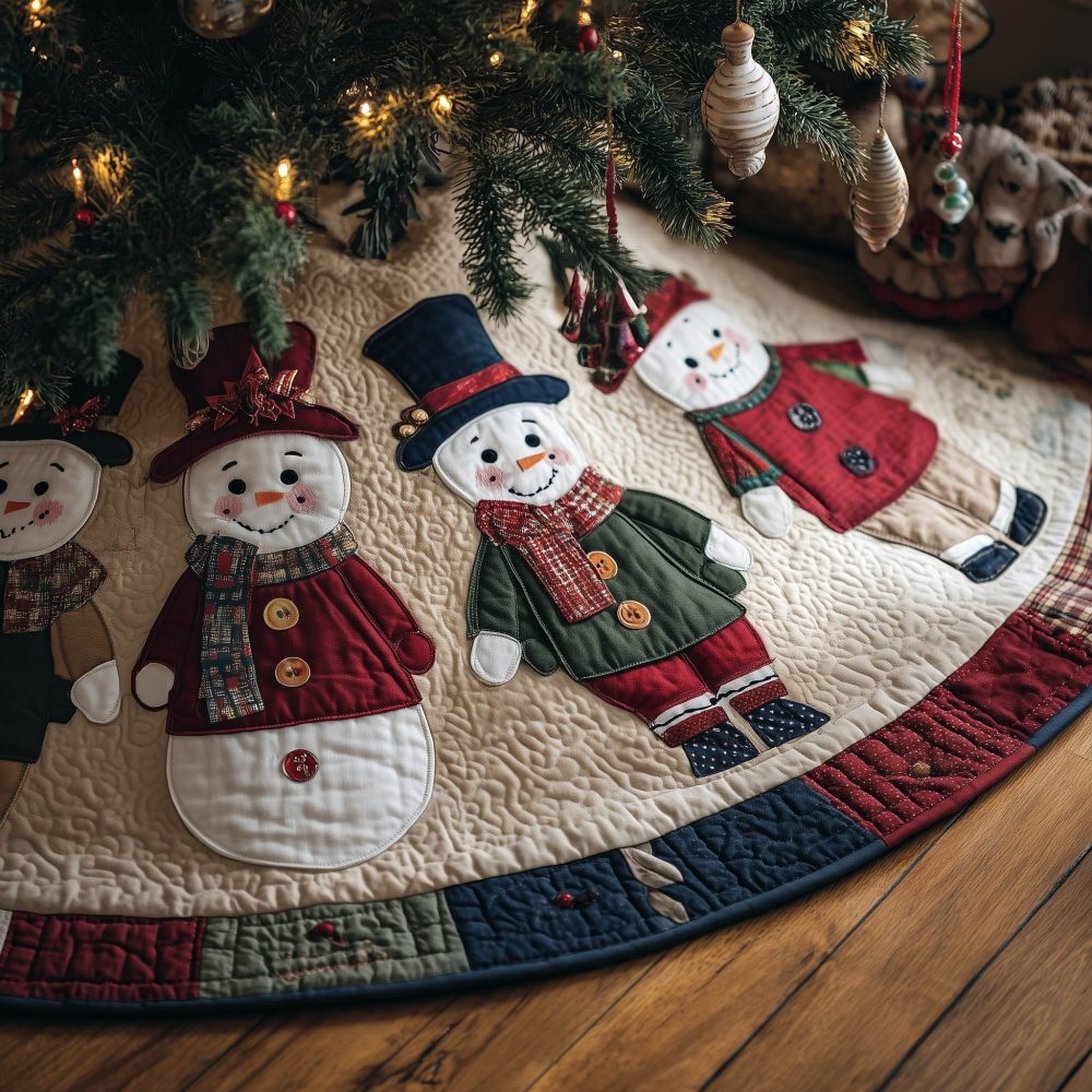 Cream Band Snowman Dolls Quilted Christmas Tree Skirt — Custom Made Holiday Tree Base With Soft Neutrals And Charming Figures