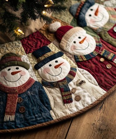Button Snowman Couple Quilted Christmas Tree Skirt — Handcrafted Made-To-Order Holiday Tree Base With Charming Details