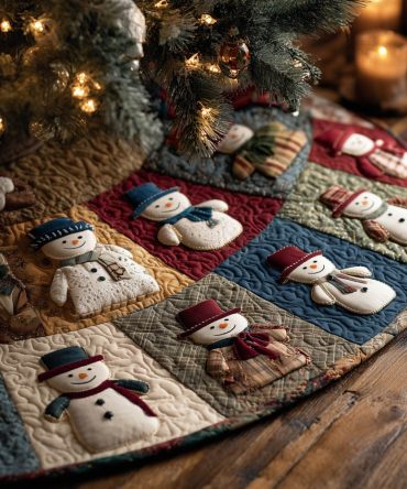 Ruby Scroll Snowmen Five Quilted Christmas Tree Skirt — Custom Made Festive Tree Base With Classic Holiday Motifs