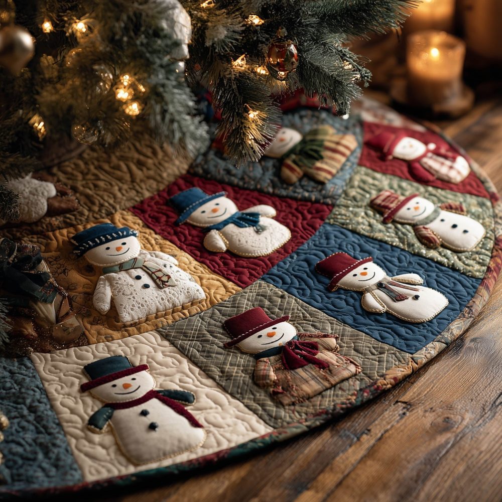 Ruby Scroll Snowmen Five Quilted Christmas Tree Skirt — Custom Made Festive Tree Base With Classic Holiday Motifs